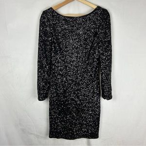 AIDAN MATTOX Black Sequin Bateau Neck V-Back‎ Long Sleeve Cocktail Dress Size 4